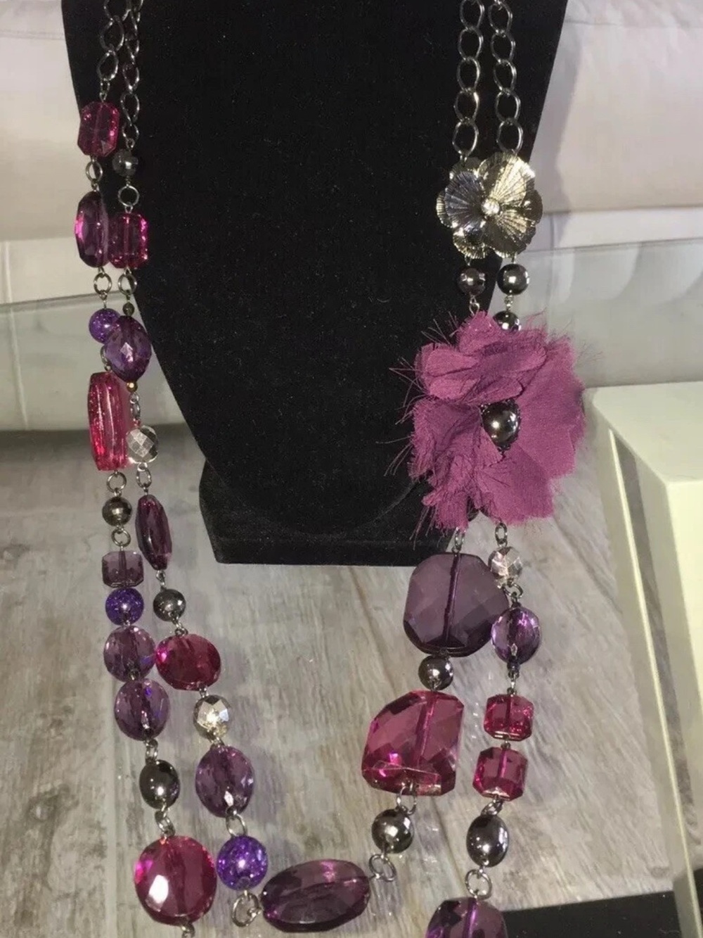 New York & Company Purple Plum Beaded Statement Flower Necklace